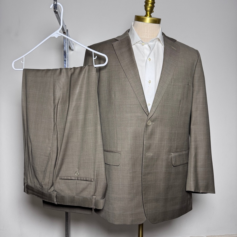 Joseph & Feiss Gold Suit Mens 42R 35x31 Taupe Brown Glen Plaid 100% Wool 2-Piece